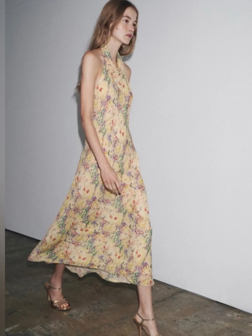 ZARA ZW Collection Floral Halter Maxi Dress Open Back Yellow NWT M - Picture 2 of 12